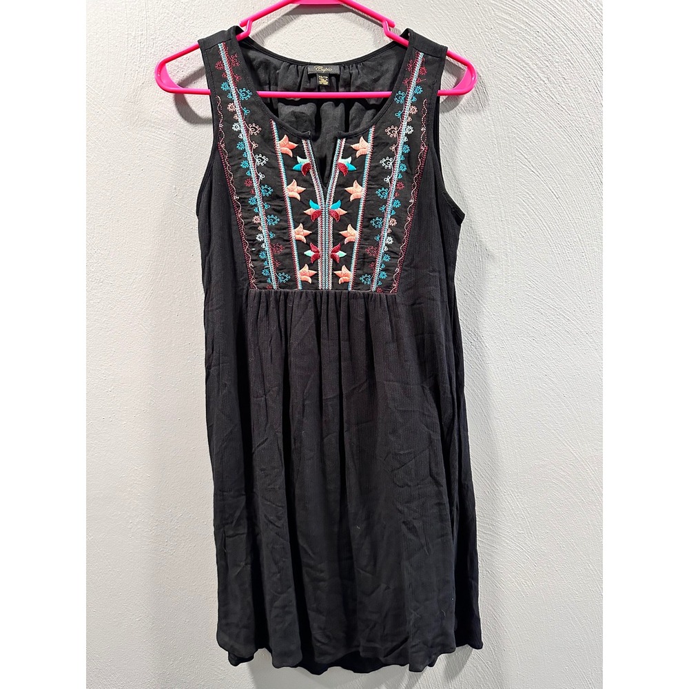 Cupio Womens Black Embroidered Sleeveless V-Neck Shift Dress Size XS Boho Mini